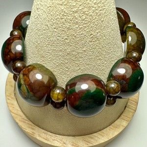 Beautiful Dragon Vein Agate Bracelet Brown Green 7.25" Rare OOAK Stretch Chunky